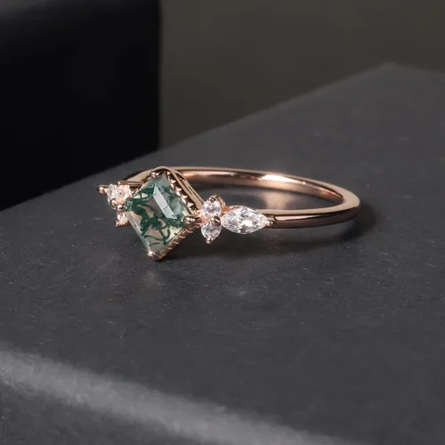 Vista 3 de Gem's Beauty Anillos de compromiso de ágata musgo verde de 14 quilates, oro rosa de 14 quilates, plata de ley 925, anillo de compromiso de tres