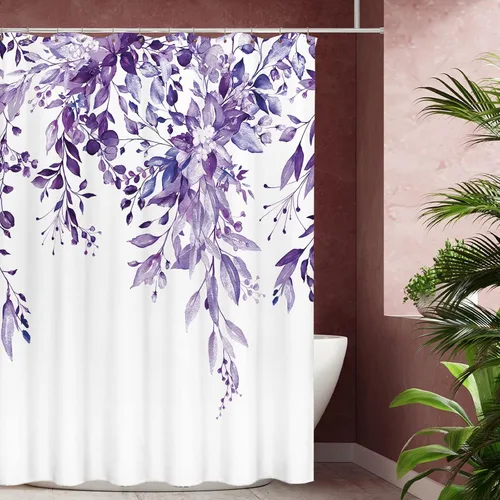 Vista 55 de Tititex - Juego de cortinas de ducha de eucalipto negro, hojas de acuarela gris en la parte superior, con decoración floral de baño, 60 x 72