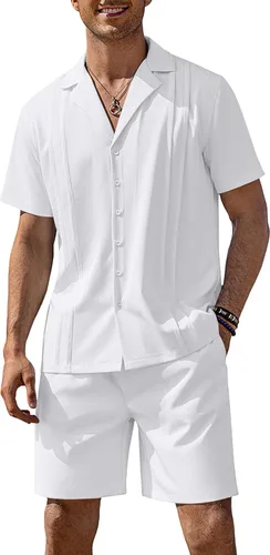Vista 17 de COOFANDY Conjunto corto de 2 piezas para hombre, camisa con botones Guayabera, casual, trajes de playa de verano Verde militar
