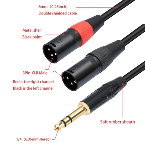 Vista 3 de 1/4 TRS a doble XLR macho Y-Splitter Cable de conexión estéreo de 1/4 pulgadas (0.250 in) a 2 XLR Cable de conexión de 3.3 pies
