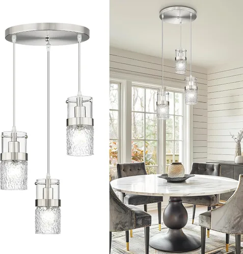 Vista 14 de LMS Lámpara colgante dorada, 1 luz colgante para isla de cocina con vidrio martillado, LMS-171