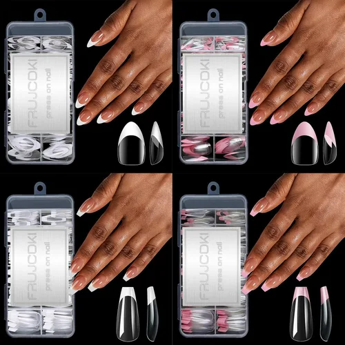Vista 2 de Puntas de uñas medianas de almendra, 120 piezas de gel acrílico francés preformado, de cobertura completa, uñas postizas a presión para extensión