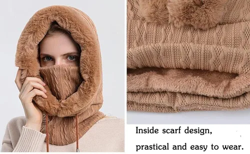 Vista 6 de Gorro de forro polar holgado de una pieza para mujer, bufanda con cordón, cálido, con capucha, pasamontañas de invierno
