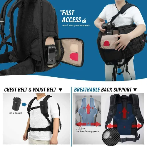 Vista 4 de Mochila impermeable para cámara DSLR grande con compartimentos para laptop de 17 pulgadas, cubierta para lluvia, soporte para trípode, funda