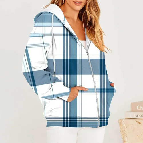 Vista 4 de Womens Long Sleeve Hooded Pullover Zip Up Plaid Drawstring Hoodies Oversized Y2K Clothes Fall Fashion Tops with Pocket