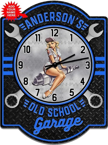Vista 2 de Old School Garage Pin Up Girl Reloj de pared azul letrero - Personalizado