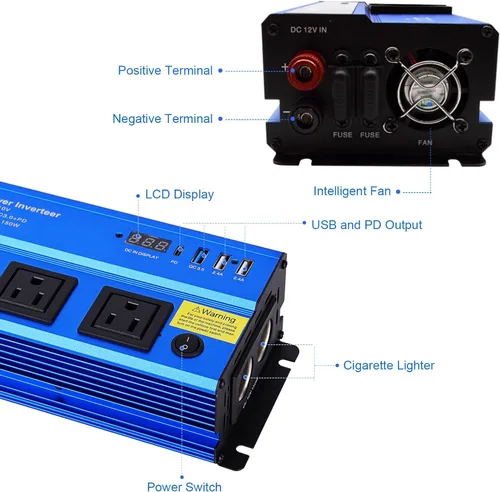 Vista 3 de Inversor de corriente 12v a 110v 1000w: Convertidor de 1000 vatios de CC a CA Inversores de batería para adaptador de cargador de coche con enchufe