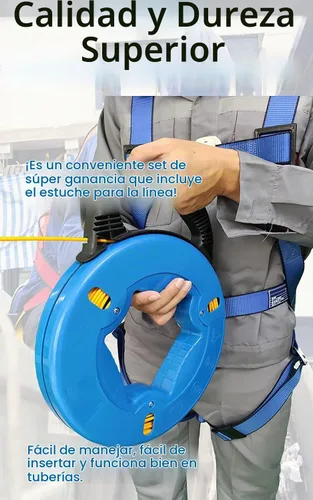 Vista 4 de Jalacable de alambre de acero de 4 mm, de 20 metros con estuche de almacenamiento de alambre. Herramienta para cableado con forma de hélice