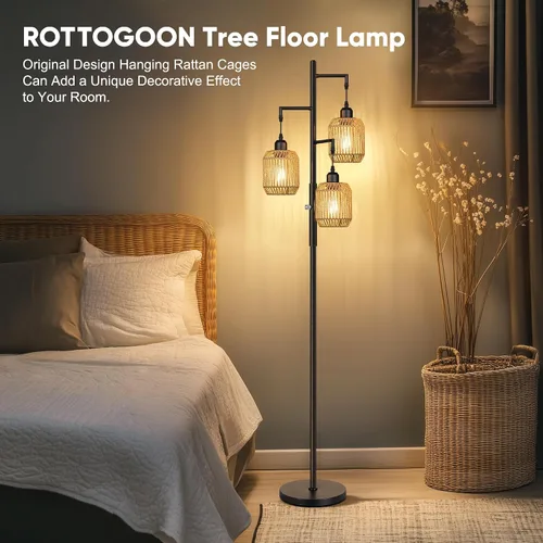 Vista 7 de ROTTOGOON Lámpara de Pie Bohemia Regulable - Lámpara de Pie de Ratán de Granja de 3 Luces para Sala de Estar, Lámparas de Pie Industriales tipo