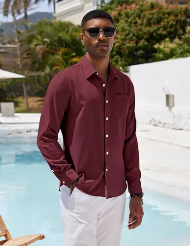 Vista 3 de COOFANDY Camisa casual con botones para hombre, camisa de cambray de lino de manga larga