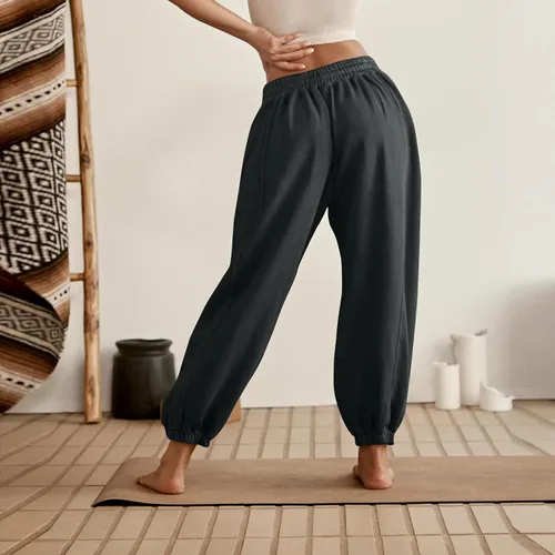 Vista 4 de midelxp Pantalones deportivos de forro polar de cintura alta para mujer, holgados, cómodos, elásticos, pantalones deportivos de entrenamiento