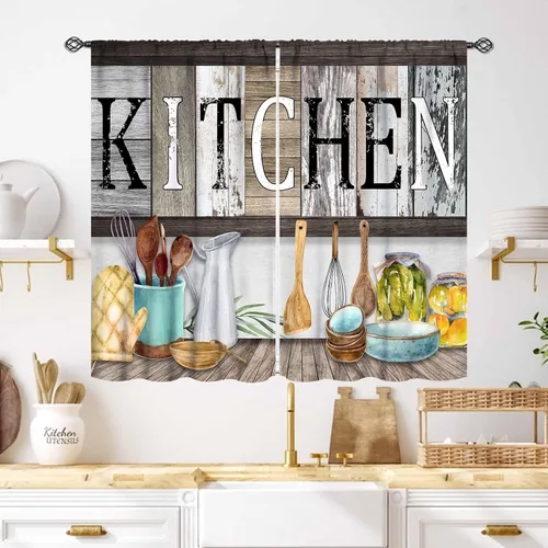 Vista 36 de Cortinas de cocina rústicas, color negro y blanco, tablón de madera con cuchillo y cuchara para barra, bolsillo para barra, tratamiento de ventana