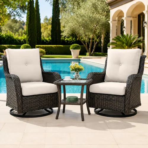 Vista 127 de HUMMUH Juego de 2 Sillas Giratorias Mecedoras de Mimbre para Patio Exterior, Juego de Muebles de Sillas Mecedoras de Ratán (Marrón, Azul) 50,000
