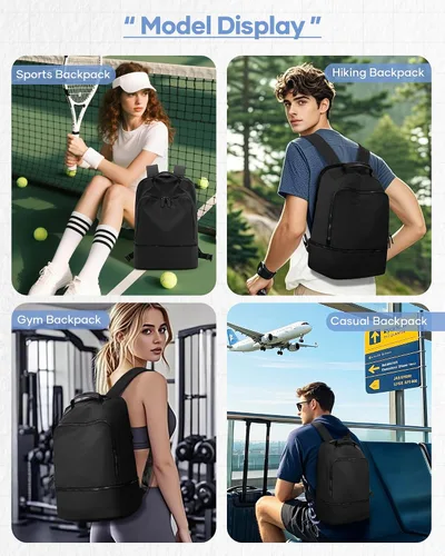Vista 2 de Mochila de gimnasio negra para mujeres y hombres, bolsa impermeable para pista de gimnasio con compartimento expandible para zapatos, ligera, mini