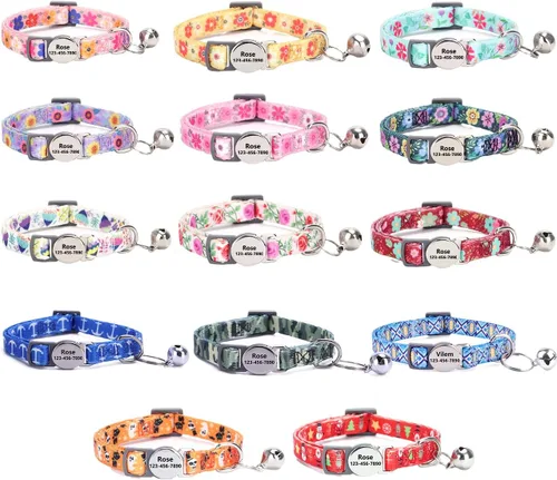Vista 6 de Collar de gato con nombre de identificación, placa de número de teléfono, patrón floral grabado personalizado, collar de gatito con campana, azul a