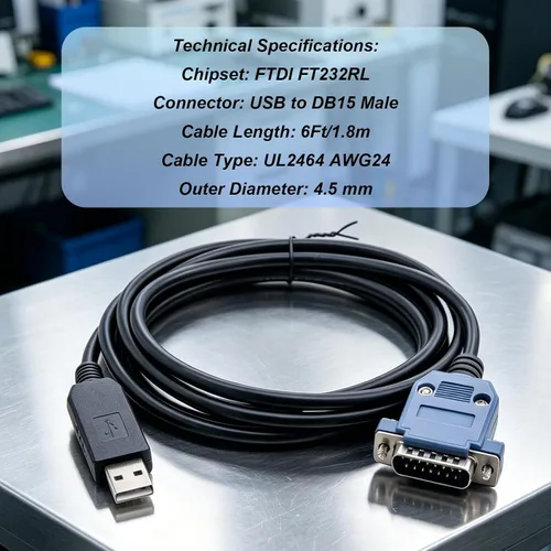 Vista 4 de Cable adaptador serie FT232RL USB a DB15 de 6 pies para servounidades YOKOGAWA