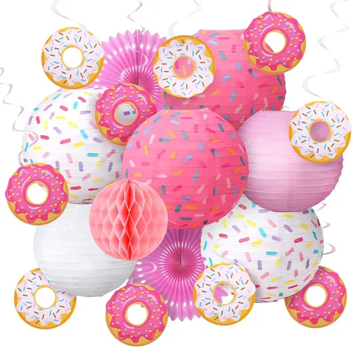 Vista 7 de Hortsun 19 piezas de decoración de fiesta de cumpleaños con forma de dona, faroles colgantes con temática de donas, decoración de papel