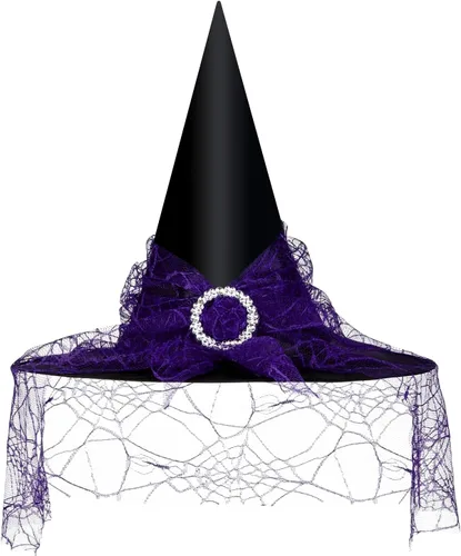 Vista 19 de Edoneery Sombrero de bruja de Halloween para mujer, encaje de malla, accesorio de disfraz de mago para fiestas de cosplay