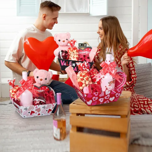 Vista 5 de Tatuo Juego de 12 cestas de San Valentín para regalos vacías con bolsas de celofán, bandeja de mercado de corazón de San Valentín, lazos, kit