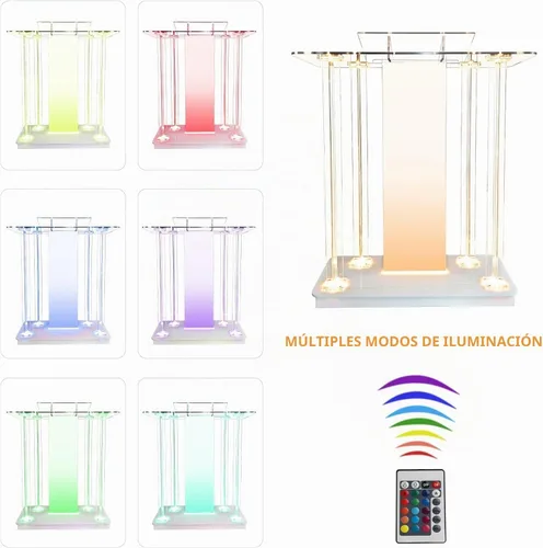Vista 6 de Púlpito de Iglesia Personalizable con Logo y Texto, Atril con Soporte, Podium Transparente de Acrílico LED con Ruedas y Plataforma de Lectura
