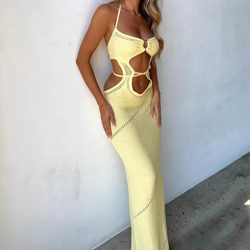 Vista 2 de NUFIWI - Vestido largo para mujer con corte de tirantes delgados, calado, cuello halter, sin espalda, maxi vestido de fiesta y fiesta Y2K Ropa