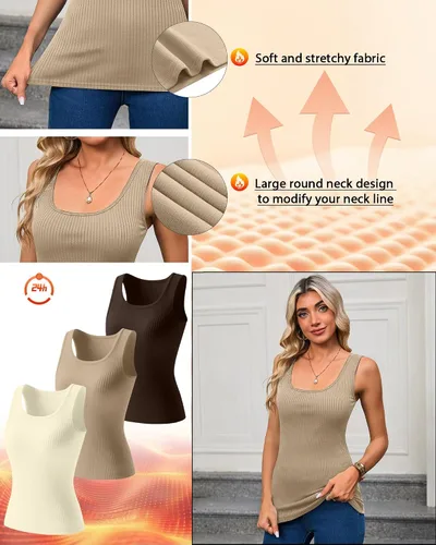 Vista 4 de Paquete de 3 camisetas térmicas sin mangas acanaladas para mujer, de forro polar de algodón, cuello redondo, ajustadas, capa base de camisola