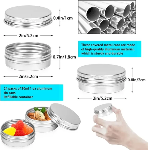 Vista 2 de Paquete de 24 tarros de lata de 1 onza, latas de metal de 1 fl oz, recipientes de lata de aluminio de 1 onza con tapa de tornillo para barras