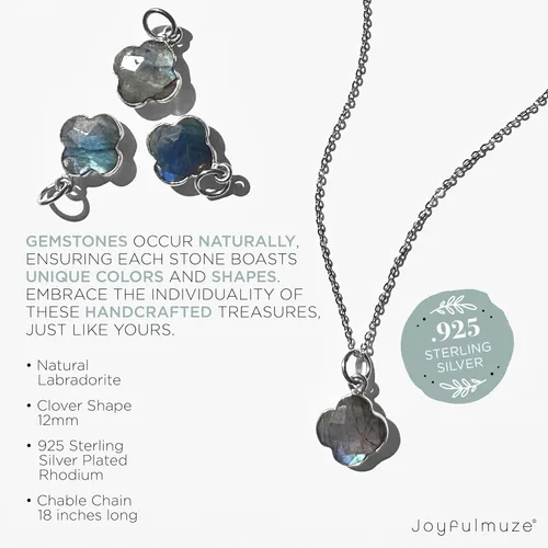 Vista 15 de Genuine Gemstone Necklace, Carved Four Leaf Clover Shape, Amethyst, Moonstone, Amazonite, Tourmaline, Labradorite, 925 Sterling Silver Jewelry