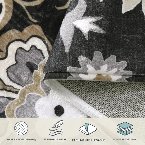Vista 5 de Lahome - Tapete floral con estampado de cachemira, lavable, antideslizante, pequeño, anti-manchas, suave, para baño, entrada, dormitorio, Negro