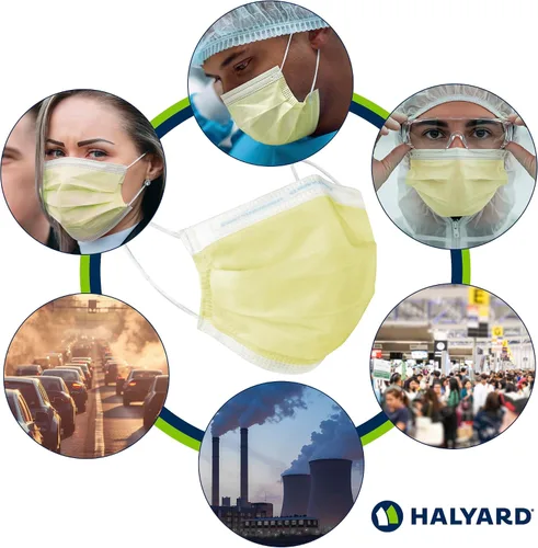 Vista 4 de HALYARD FLUIDSHIELD 1 Máscara desechable de procedimiento con forro tan suave y cintas elásticas para las orejas, amarillo, nivel 1, 25867