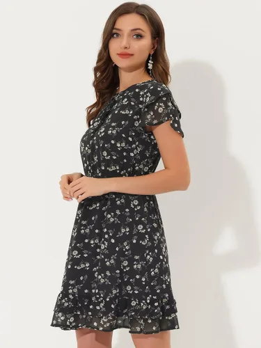 Vista 3 de Allegra K Vestido de gasa floral con cuello en V y mangas con volantes para mujer