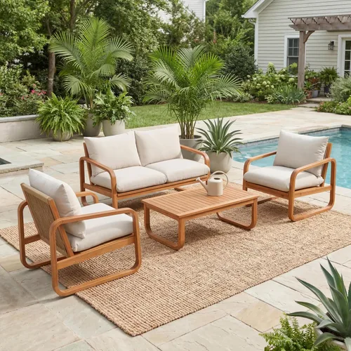 Vista 3 de Christopher Knight Home Coddy - Juego de muebles de patio de 4 plazas con mesa auxiliar, juego de conversación de madera de acacia para exteriores