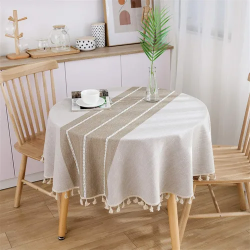 Vista 3 de Dimatic Mantel de Algodón y Lino de Peso Pesado - Mantel Redondo de 60 Pulgadas - Cubierta de Mesa con Costura de Borlas para Decoración de Beige