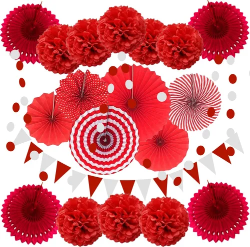 Vista 9 de Zerodeco - Decoración de fiesta, 21 piezas de abanicos de papel, pompones flores, tiras de cuerdas de lunares y banderines triangulares