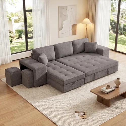 Vista 13 de Eafurn 104.5" Reversible Sleeper Sectional Sofa Bed, Tufted L Shaped Convertible Pull Out Sectional Sofa Bed with Storage Chaise Lounge and 2 Stools
