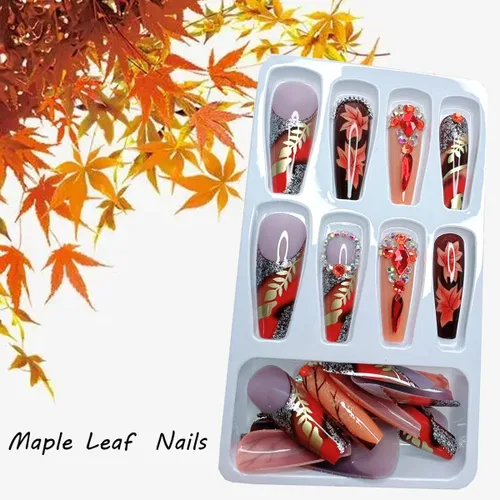 Vista 3 de 24 uñas postizas largas a presión con diseño de ataúd con diamantes de imitación, uñas postizas de cobertura completa, uñas postizas de otoño