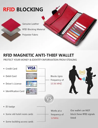 Vista 3 de DemonHunter Cartera de piel auténtica con bloqueo RFID de gran capacidad para mujer DZA2083 DZA2083J x Borgoña Cartera RFID