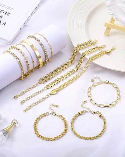 Vista 4 de Juego de 12 pulseras de oro delicadas para mujer, ajustables, chapadas en oro de 14 quilates, joyería de oro punk, pulseras de cuentas de moda