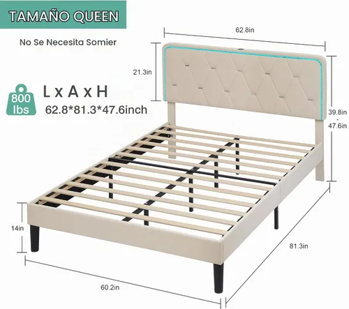 Vista 2 de VECELO - Base de cama tapizada tamaño Queen con cabecera ajustable, cama de plataforma de terciopelo con luces LED, estación de carga, base