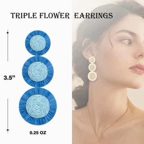 Vista 6 de SELFWIMG Aretes largos de ratán bohemios con triple girasol para mujeres y niñas