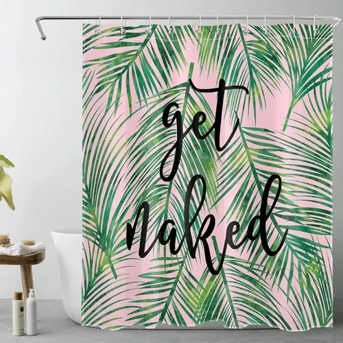 Vista 11 de LB Cortina de ducha de plantas de hojas verdes tropicales, citas divertidas y hojas de palma en cortinas de ducha beige para baño, tela de poliéster