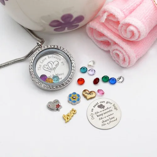 Vista 4 de El mejor regalo para sobrina tía, colgante de medallón de memoria flotante con dije y piedra natal para mujeres, niñas y adolescentes