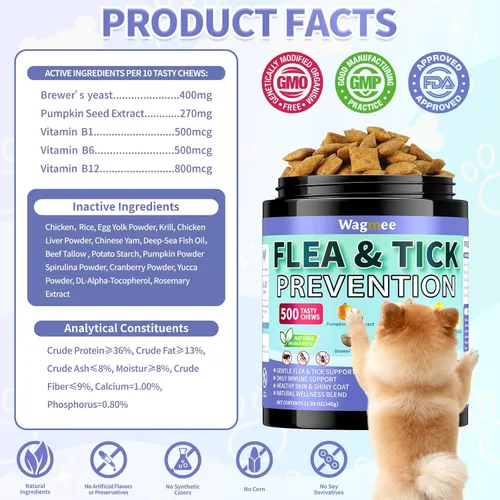 Vista 8 de Prevención de pulgas y garrapatas para perros, 500 masticables crujientes y sabrosos, sabor a pollo