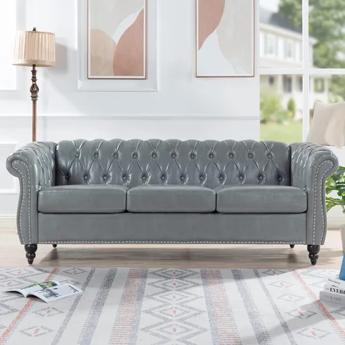 Vista 11 de 84.65" Scroll Arms Chesterfield Sofa PU Leather 3 Seater Couch with Soft Seating Cushions, Modern Style 3-seat Sofa for Living Room Office Apartment