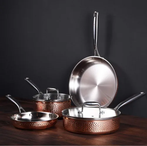 Vista 8 de Bergner BGIC-3661 Infinity Chefs De Lux - Sartén de cobre de tres capas con tapa de vidrio, acero inoxidable, acabado de martillo de cobre (9.4 in)