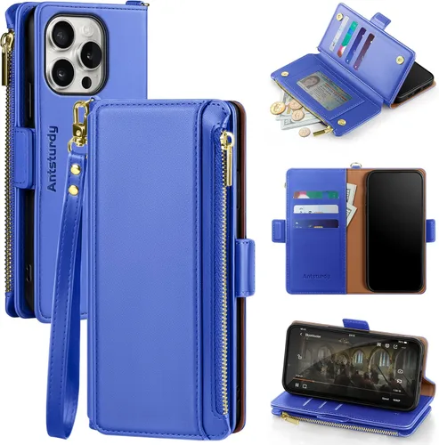 Vista 17 de Antsturdy Compatible con iPhone 15 Pro Max Funda Cartera para Mujeres【Bloqueo RFID】Funda de Teléfono Cruzada de Cuero PU con Cremallera y Correa