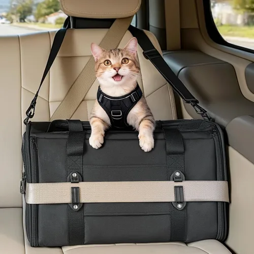 Vista 17 de PETSFIT Transportador de gatos de lados suaves con hebillas de seguridad patentadas, cremalleras bloqueables y correa de seguridad, transportador