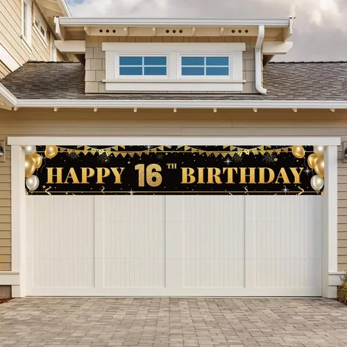 Vista 6 de Cartel grande de decoración de cumpleaños número 16, cartel de feliz cumpleaños número 16 negro y dorado, suministros de decoración de fiesta
