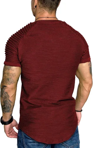 Vista 4 de COOFANDY - Camiseta muscular para hombre, camiseta de manga raglán plisada para culturismo, camisetas a la moda de manga corta para entrenar