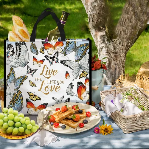 Vista 6 de NymphFable Paquete de 5 bolsas de compras reutilizables, coloridas mariposas, lavables, bolsas de tela